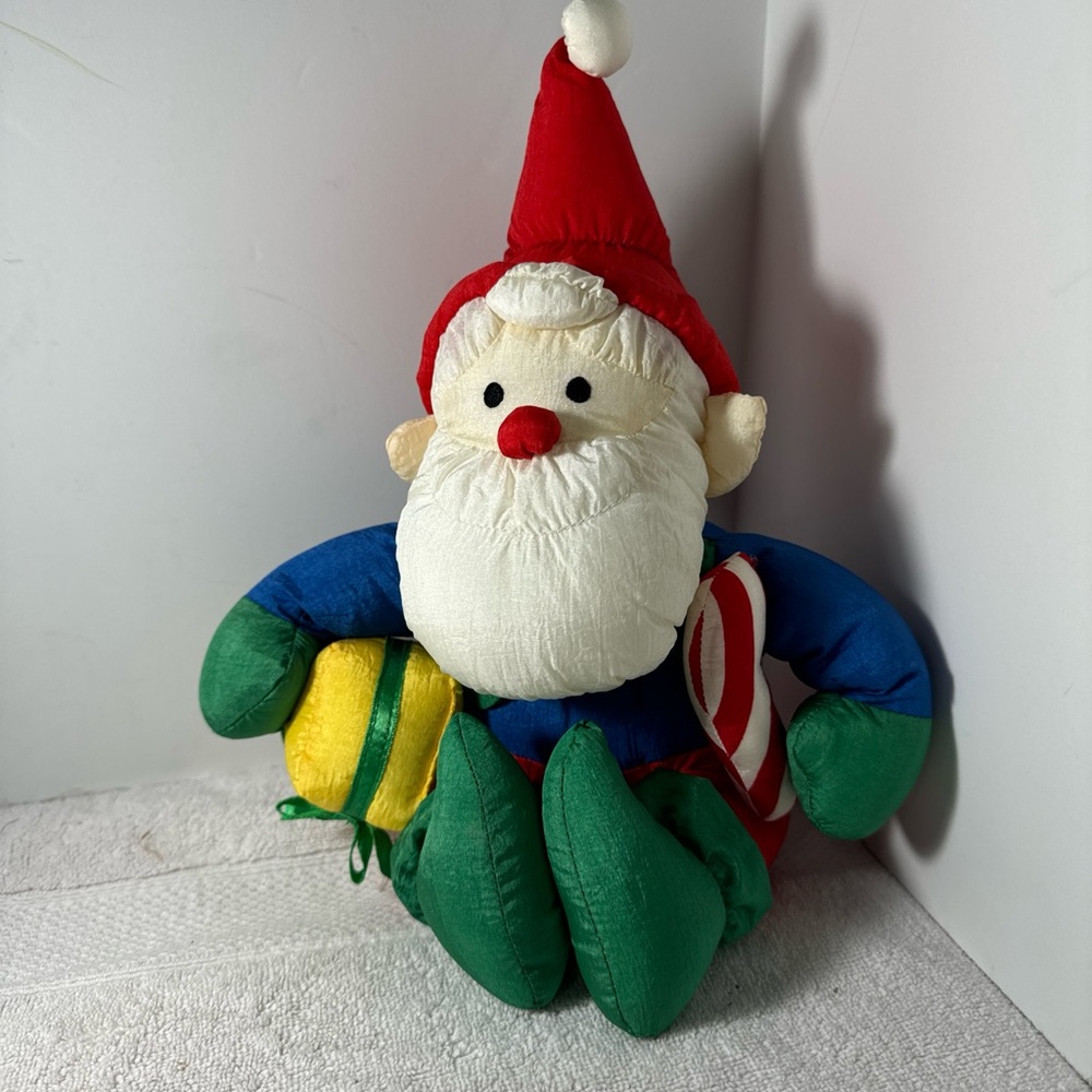 Vintage Christmas Santa with candy, cane and gift box in  Puffy Polyester